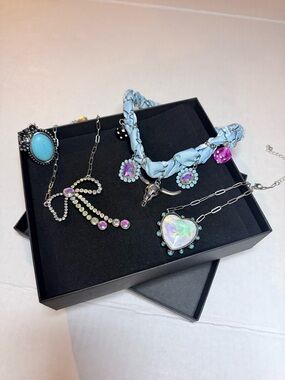 Crystal Heart & Bow Pendant Necklace Set with Light Blue Braided Choker